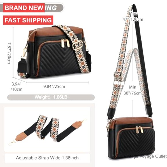 Quilted Vegan Leather Crossbody Bag with RFID Wallet, Wide Strap